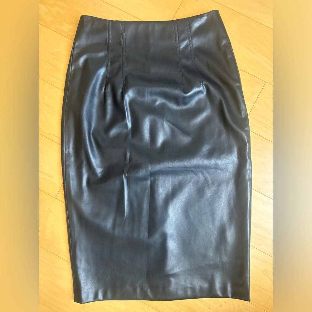 Brand New Calvin Klein Black Leather Pencil Skirt, Size 4
